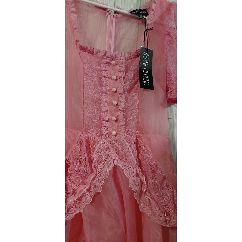 Dolls Kill Sugar Thrillz Pink Sheer Organza Tiered Lace Ruffle Maxi Dress NEW XS - Picture 13 of 13